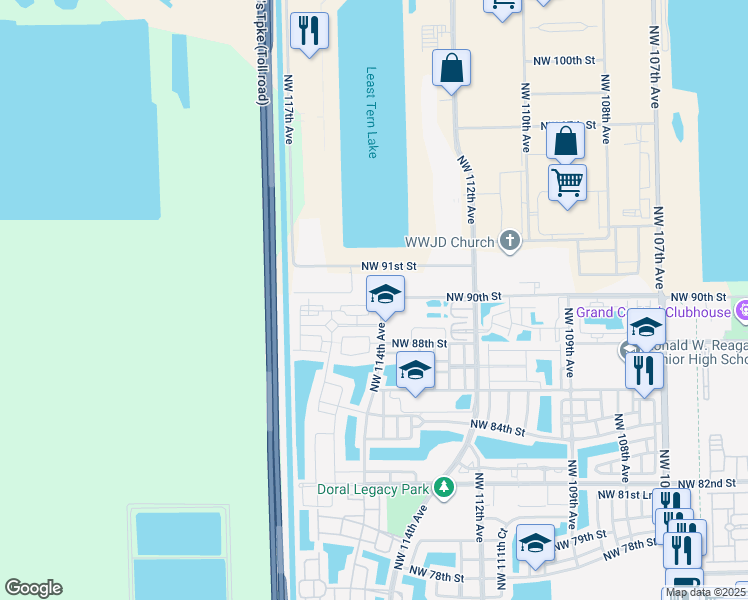 map of restaurants, bars, coffee shops, grocery stores, and more near 11503 Northwest 89th Street in Doral
