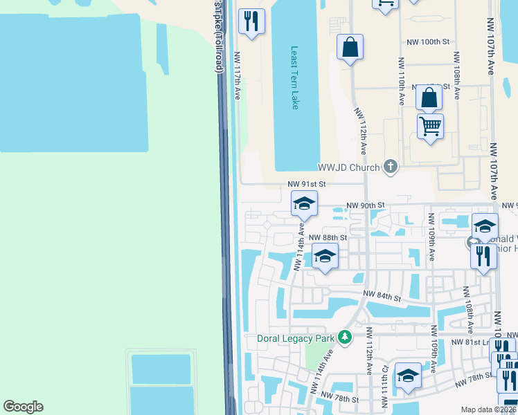 map of restaurants, bars, coffee shops, grocery stores, and more near 11600 Northwest 91st Street in Doral
