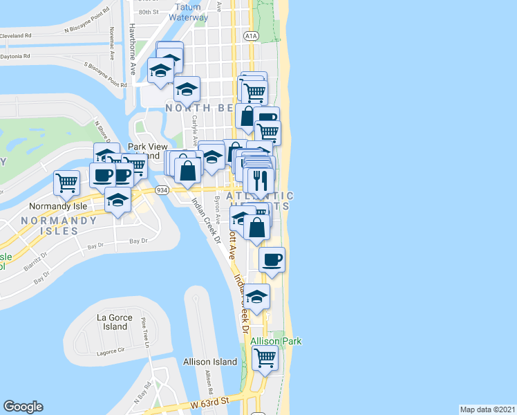 map of restaurants, bars, coffee shops, grocery stores, and more near 6934 Collins Avenue in Miami Beach