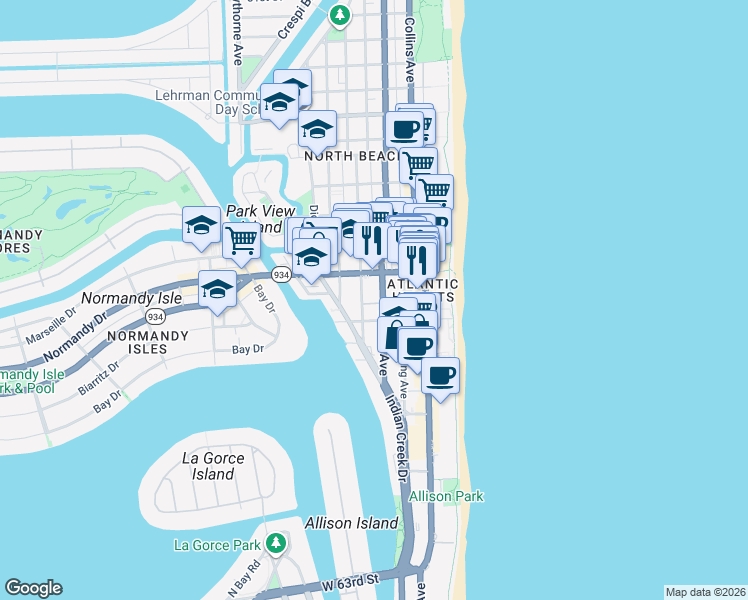 map of restaurants, bars, coffee shops, grocery stores, and more near 6964 Abbott Avenue in Miami Beach