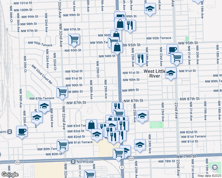 map of restaurants, bars, coffee shops, grocery stores, and more near 2842 Northwest 90th Street in Miami