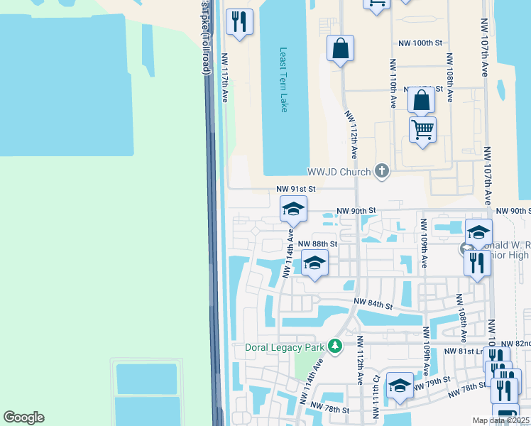 map of restaurants, bars, coffee shops, grocery stores, and more near 11600 Northwest 91st Street in Miami