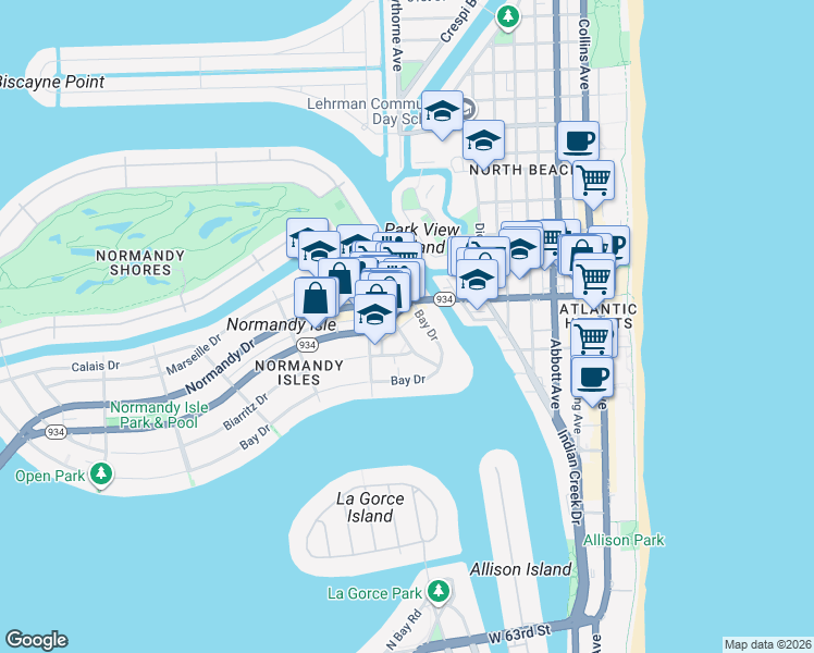 map of restaurants, bars, coffee shops, grocery stores, and more near 6955 Rue Vendome in Miami Beach
