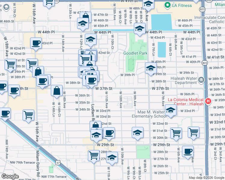 map of restaurants, bars, coffee shops, grocery stores, and more near 1061 West 37th Street in Hialeah