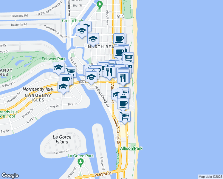 map of restaurants, bars, coffee shops, grocery stores, and more near 6964 Abbott Avenue in Miami Beach
