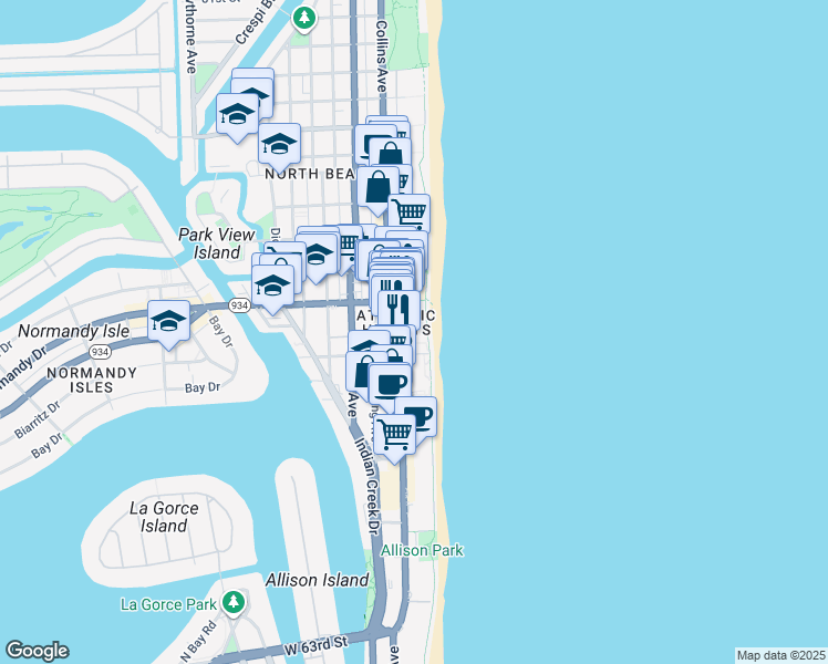 map of restaurants, bars, coffee shops, grocery stores, and more near 6917 Collins Avenue in Miami Beach