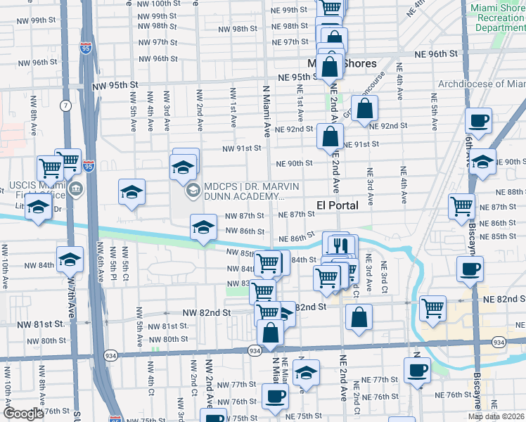 map of restaurants, bars, coffee shops, grocery stores, and more near 10 Northwest 88th Street in El Portal