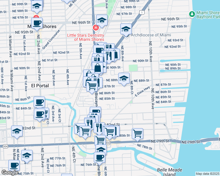 map of restaurants, bars, coffee shops, grocery stores, and more near 696 Northeast 87th Street in Miami Shores