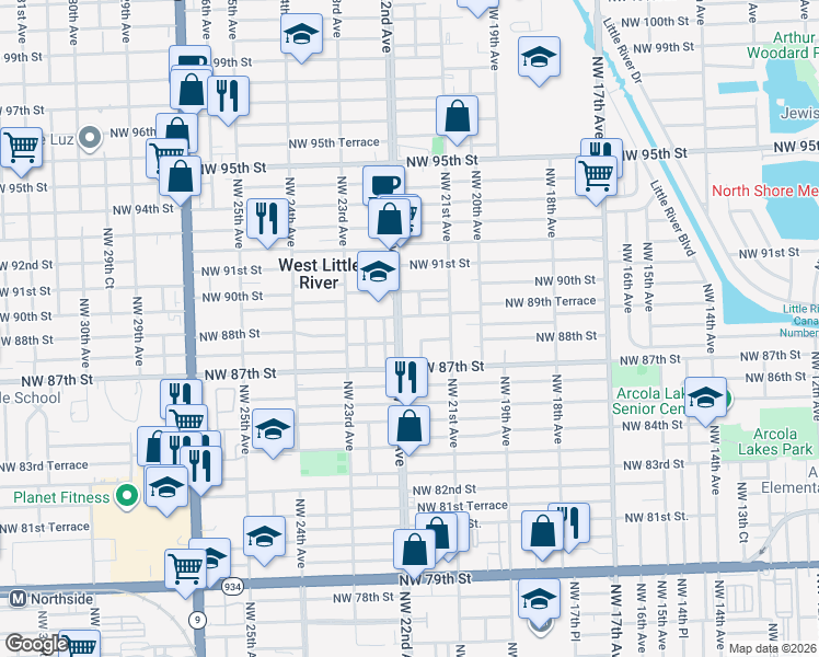 map of restaurants, bars, coffee shops, grocery stores, and more near 8901 Northwest 22nd Avenue in Miami