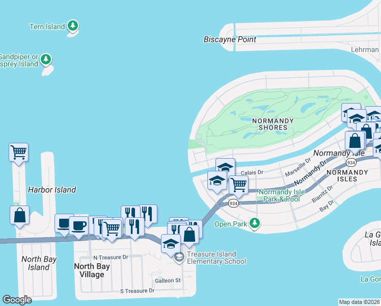 map of restaurants, bars, coffee shops, grocery stores, and more near 1025 Shore Lane in Miami Beach