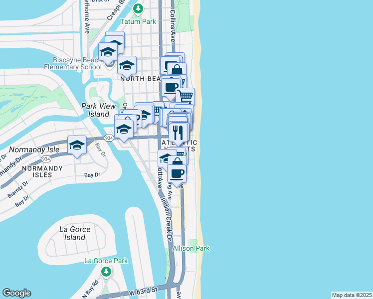 map of restaurants, bars, coffee shops, grocery stores, and more near 7001 Collins Avenue in Miami Beach