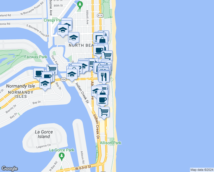 map of restaurants, bars, coffee shops, grocery stores, and more near 6969 Collins Avenue in Miami