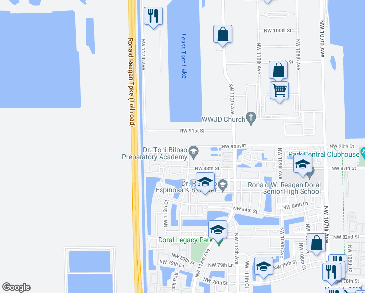 map of restaurants, bars, coffee shops, grocery stores, and more near 11503 Northwest 89th Street in Doral