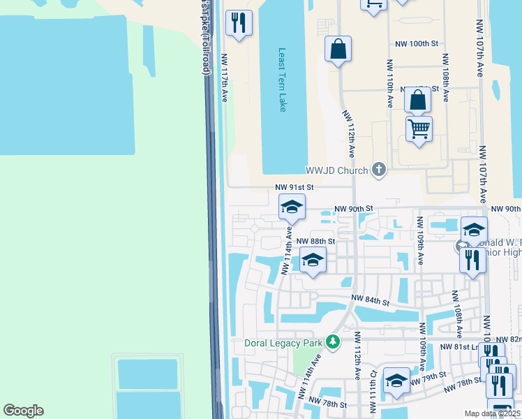 map of restaurants, bars, coffee shops, grocery stores, and more near 11600 Northwest 91st Street in Miami