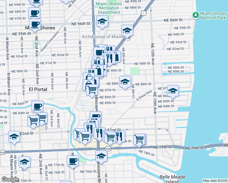map of restaurants, bars, coffee shops, grocery stores, and more near 718 Northeast 87th Street in Miami