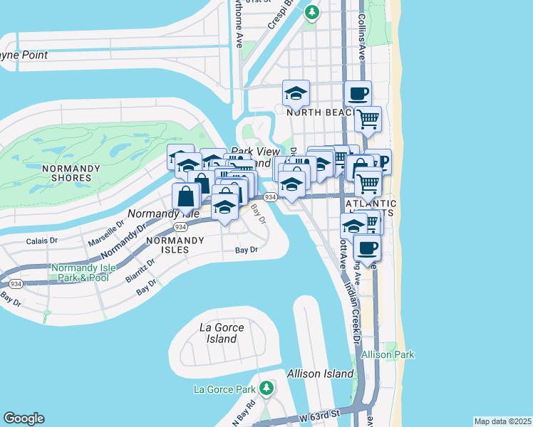 map of restaurants, bars, coffee shops, grocery stores, and more near 6937 Bay Drive in Miami Beach