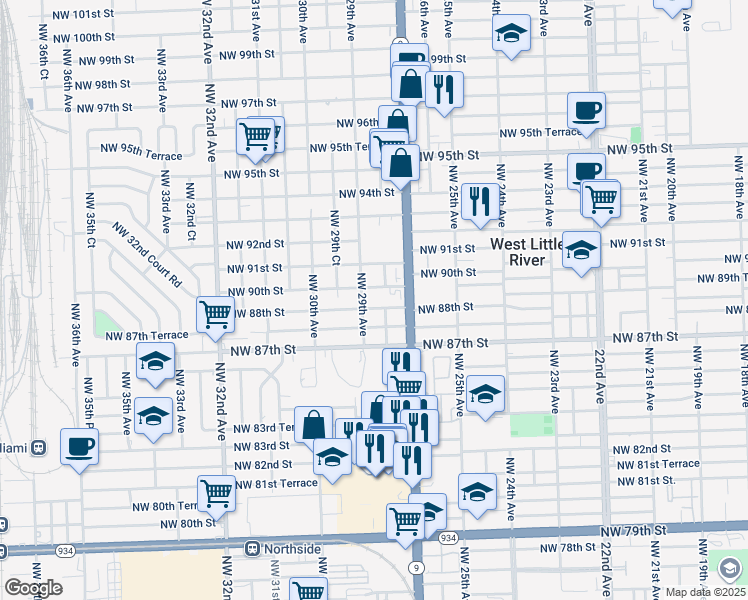 map of restaurants, bars, coffee shops, grocery stores, and more near 2842 Northwest 90th Street in Miami