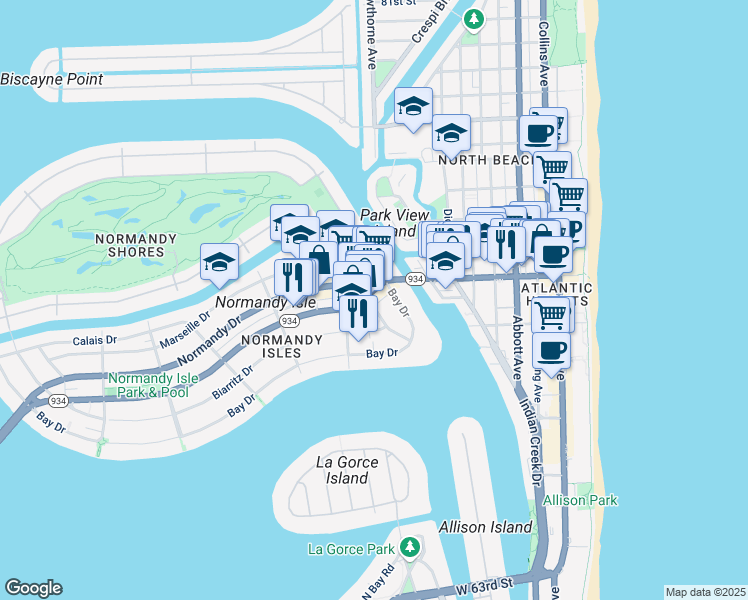map of restaurants, bars, coffee shops, grocery stores, and more near 7802 Rue Vendome in Miami Beach