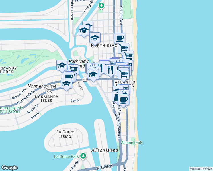 map of restaurants, bars, coffee shops, grocery stores, and more near 6950 Byron Avenue in Miami Beach