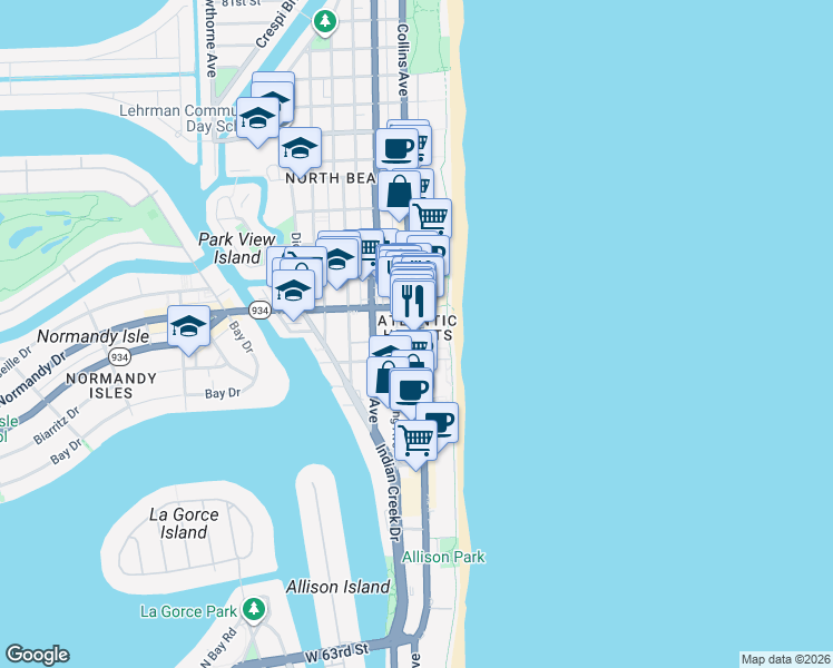 map of restaurants, bars, coffee shops, grocery stores, and more near 6944 Collins Avenue in Miami Beach