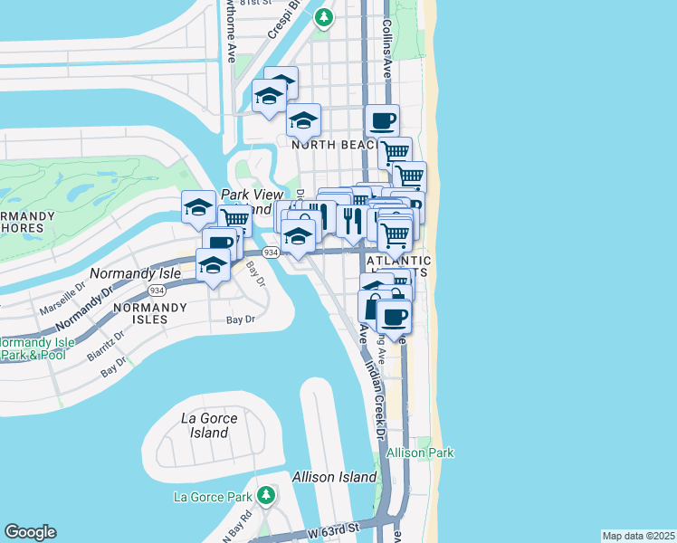 map of restaurants, bars, coffee shops, grocery stores, and more near 615 71st Street in Miami Beach