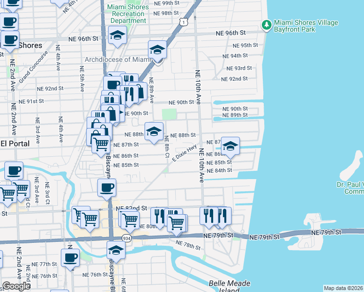 map of restaurants, bars, coffee shops, grocery stores, and more near 945 Northeast 87th Street in Miami