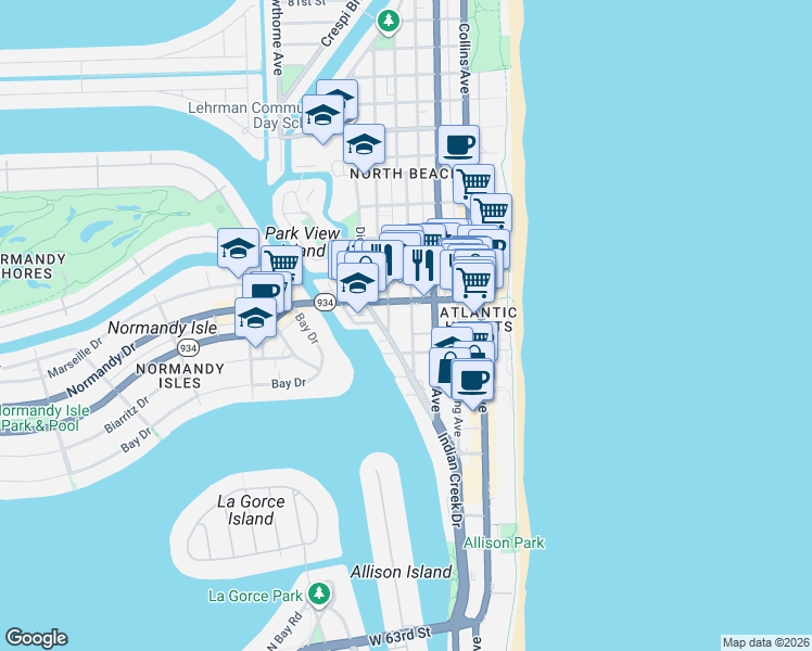 map of restaurants, bars, coffee shops, grocery stores, and more near 615 71st Street in Miami Beach