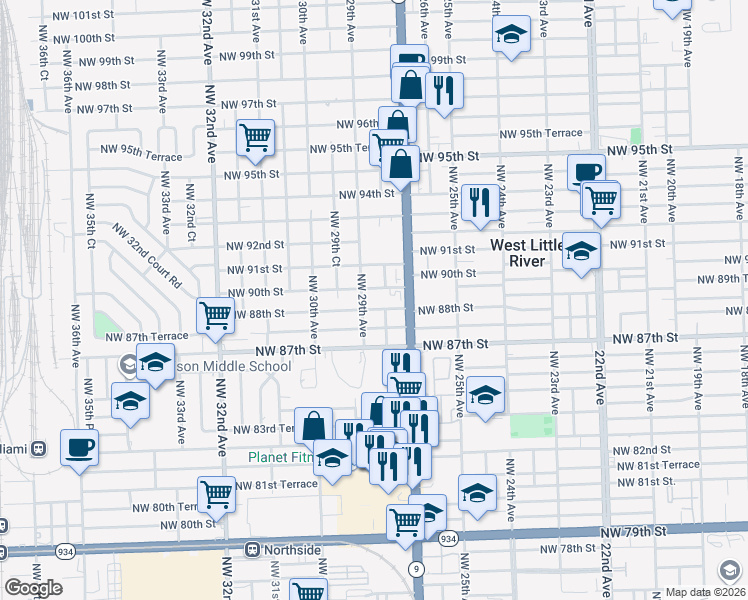 map of restaurants, bars, coffee shops, grocery stores, and more near 2842 Northwest 90th Street in Miami