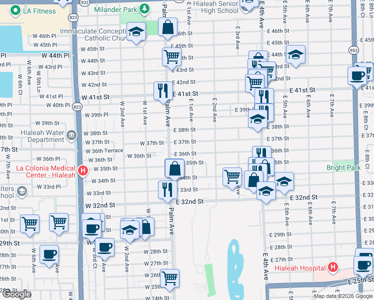 map of restaurants, bars, coffee shops, grocery stores, and more near 68 East 37th Street in Hialeah
