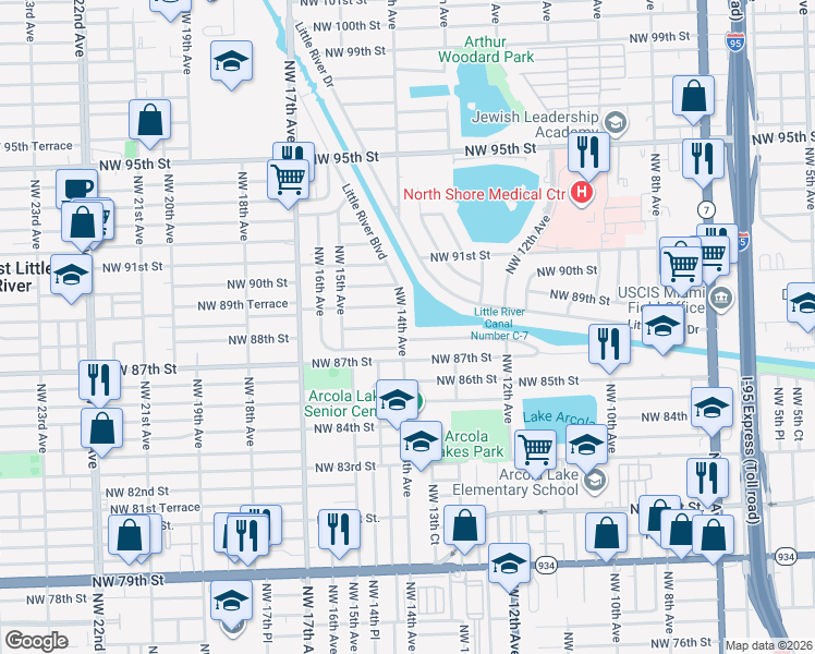 map of restaurants, bars, coffee shops, grocery stores, and more near 8821 Northwest 14th Avenue in Miami