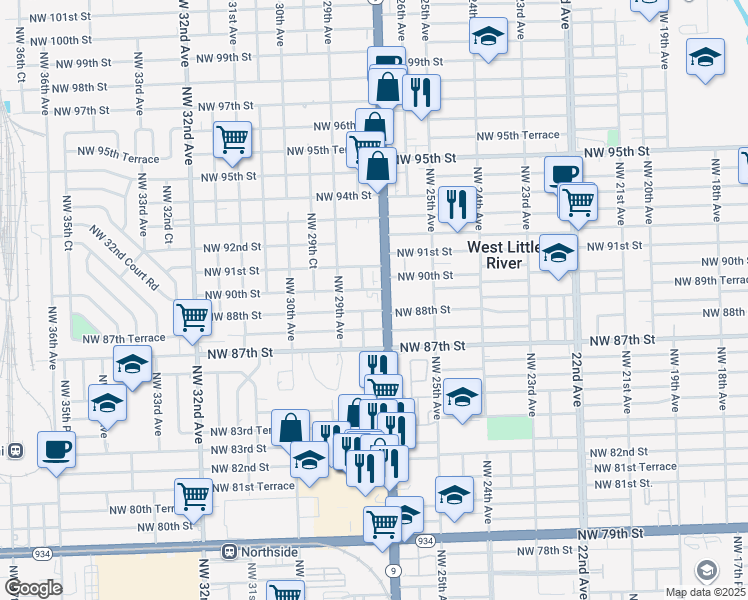 map of restaurants, bars, coffee shops, grocery stores, and more near 8800 Northwest 27th Avenue in Miami