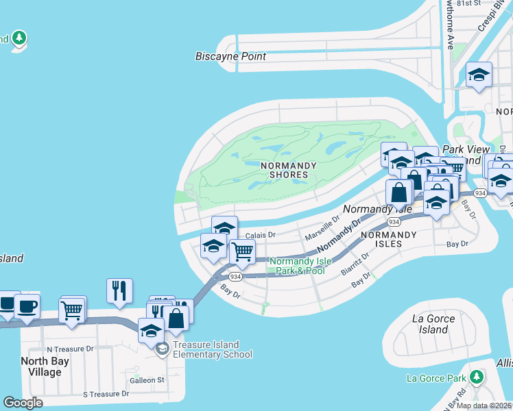 map of restaurants, bars, coffee shops, grocery stores, and more near 797 South Shore Drive in Miami