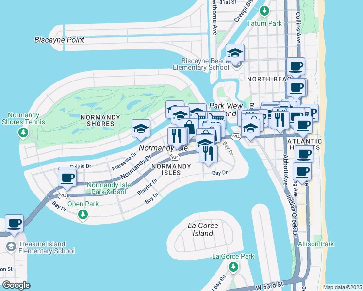 map of restaurants, bars, coffee shops, grocery stores, and more near 1200 Normandy Drive in Miami Beach