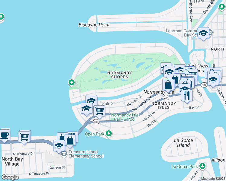 map of restaurants, bars, coffee shops, grocery stores, and more near 705 South Shore Drive in Miami Beach