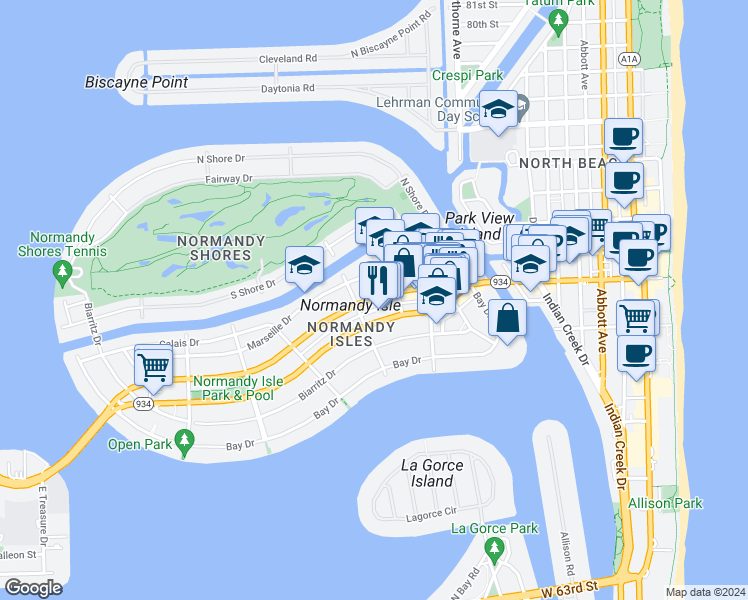 map of restaurants, bars, coffee shops, grocery stores, and more near 1200 Normandy Drive in Miami Beach