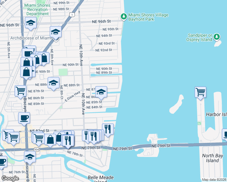 map of restaurants, bars, coffee shops, grocery stores, and more near 1260 Northeast 87th Street in Miami