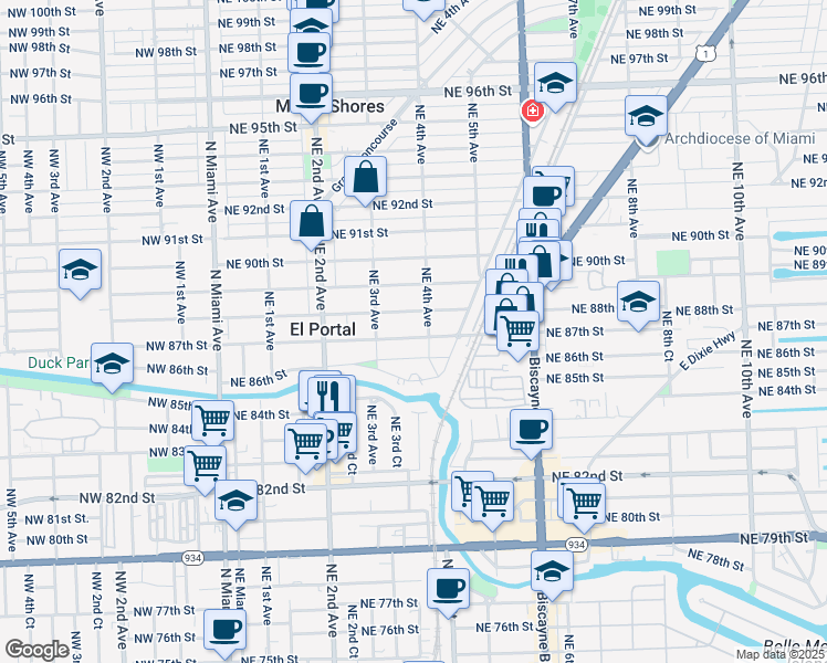 map of restaurants, bars, coffee shops, grocery stores, and more near 347 Northeast 87th Street in El Portal