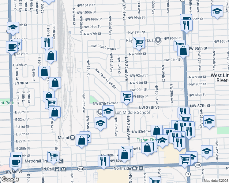 map of restaurants, bars, coffee shops, grocery stores, and more near 9001 Northwest 32nd Court Road in Miami