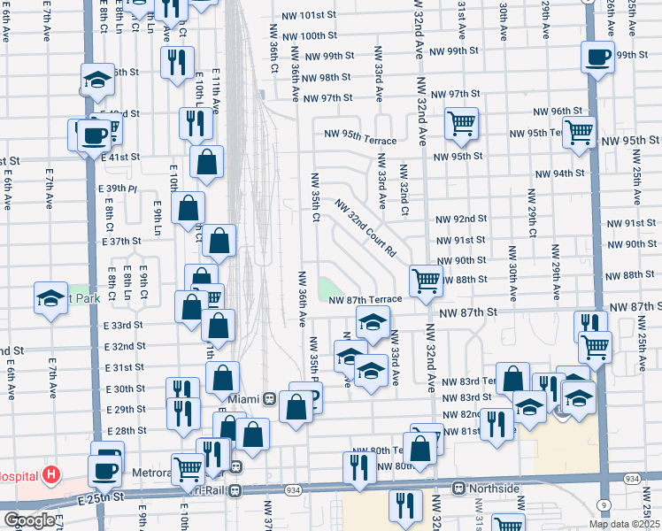 map of restaurants, bars, coffee shops, grocery stores, and more near 8945 Northwest 34th Avenue Road in Miami