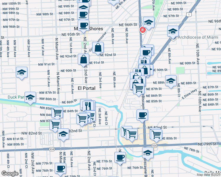 map of restaurants, bars, coffee shops, grocery stores, and more near 347 Northeast 87th Street in El Portal