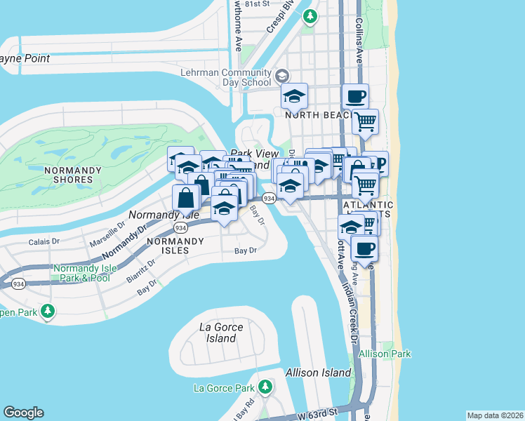 map of restaurants, bars, coffee shops, grocery stores, and more near 6941 Bay Drive in Miami Beach