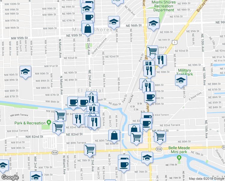 map of restaurants, bars, coffee shops, grocery stores, and more near 347 Northeast 87th Street in El Portal