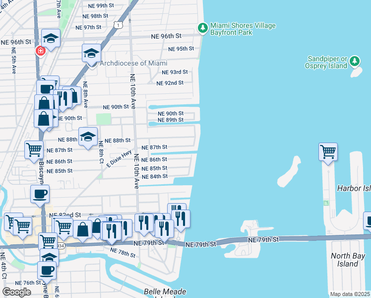 map of restaurants, bars, coffee shops, grocery stores, and more near 1260 Northeast 87th Street in Miami