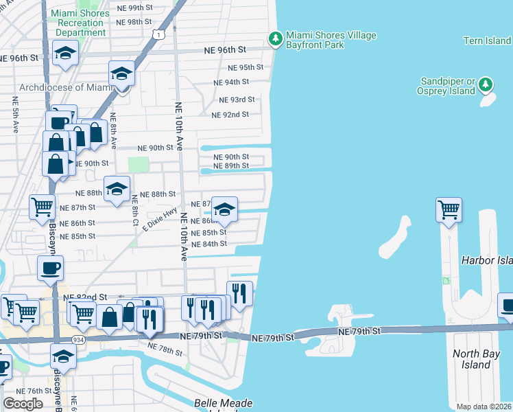 map of restaurants, bars, coffee shops, grocery stores, and more near 1260 Northeast 87th Street in Miami