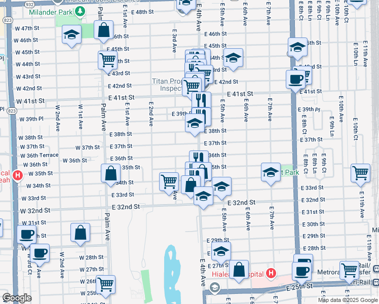 map of restaurants, bars, coffee shops, grocery stores, and more near 387-389 East 36th Street in Hialeah