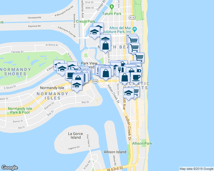 map of restaurants, bars, coffee shops, grocery stores, and more near in Miami Beach