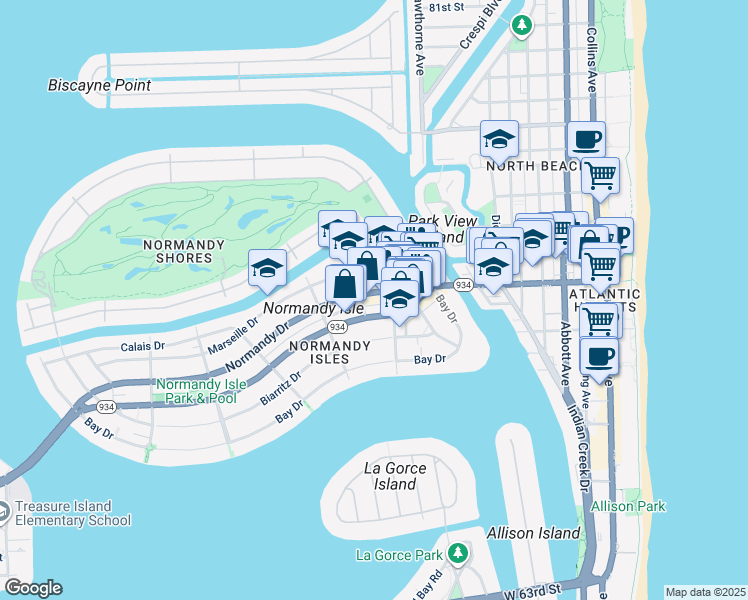 map of restaurants, bars, coffee shops, grocery stores, and more near 1114 Normandy Drive in Miami Beach
