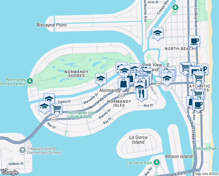 map of restaurants, bars, coffee shops, grocery stores, and more near 1365 Marseille Drive in Miami Beach