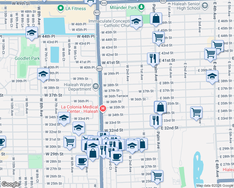 map of restaurants, bars, coffee shops, grocery stores, and more near 211 West 36th Terrace in Hialeah