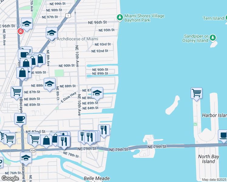 map of restaurants, bars, coffee shops, grocery stores, and more near 1260 Northeast 87th Street in Miami